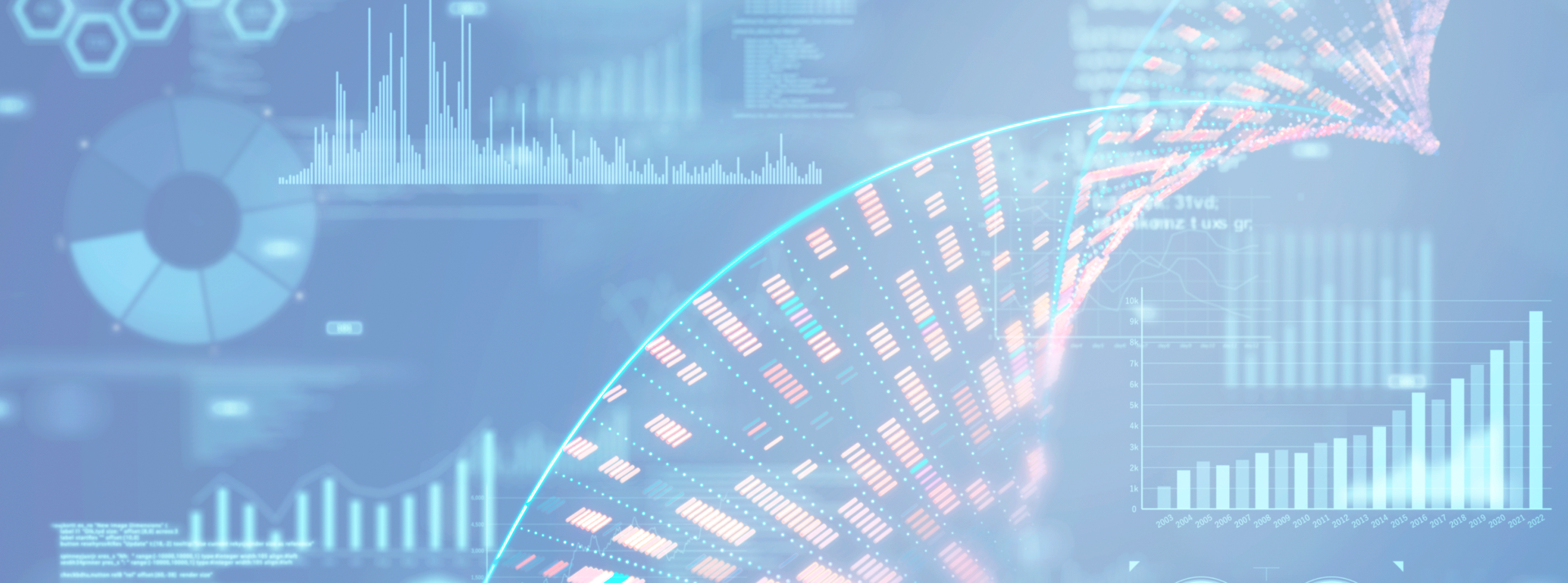 digitally rendered data, charts and a dna strand